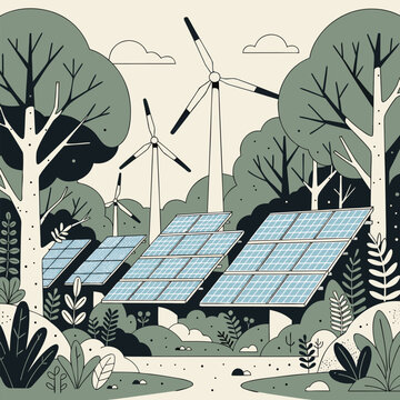Renewable energy landscape with solar panels and wind turbines in forest