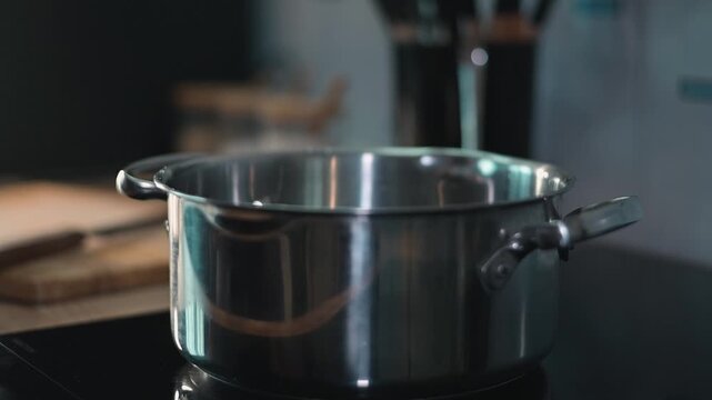 Hands of an adult male are seen placing a cooking pot on a stove in a kitchen. The kitchen is set up for meal preparation with wooden boards and kitchen tools visible in the background