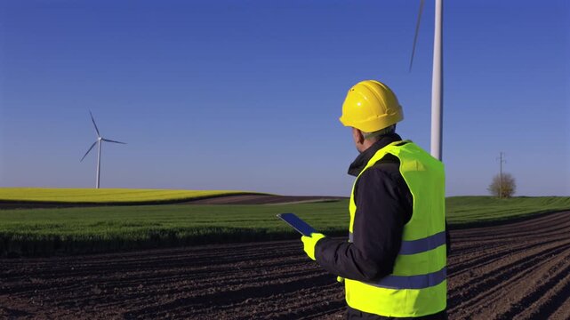 Energy industry strategic planner in safety gear using a tablet computer to review project data and monitor operations at a large wind turbine farm.