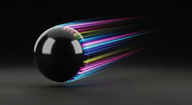 Rapid movement of a glossy black ball rebounding off a solid dark surface, emphasizing dynamics, motion, and gravity, action, minimalist, render