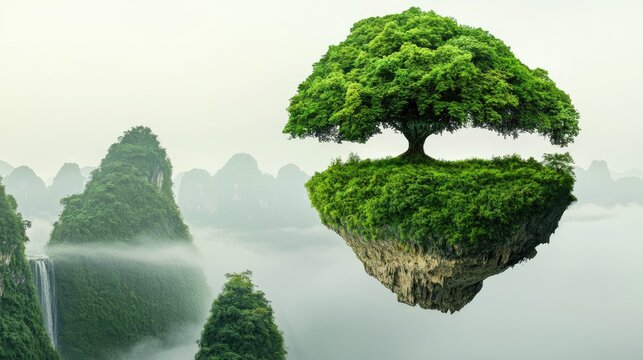 Lush, floating island with a large tree, amidst misty mountains and waterfalls.