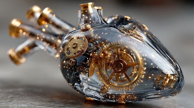 Futuristic transparent glass heart with mechanical components, ideal for sci fi healthcare branding and posters wallpapers