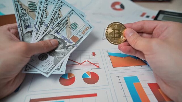 A person is seen examining cash and a cryptocurrency coin on a table filled with financial charts and graphs