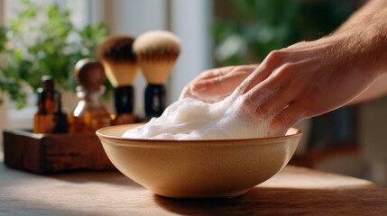 Fototapeta premium Hands of a male grooming enthusiast creating rich lather in a bowl, surrounded by traditional shaving tools, showcasing the art of classic shaving preparation and self-care ritual