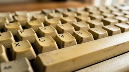 Obraz premium Vintage computer keys with macro view of keyboard buttons and characters viewed from a low-angle perspective in warm light. 