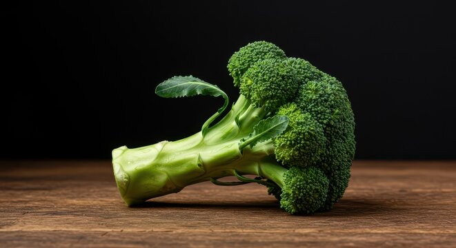 Vibrant fresh green broccoli head resting on a rustic wooden table, captured with artistic selective focus for a culinary theme, broccoli, macro, produce