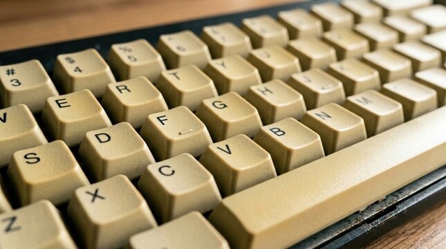 Vintage computer keys with close-up of keyboard keys in grid pattern viewed from a low-angle perspective in warm light. 