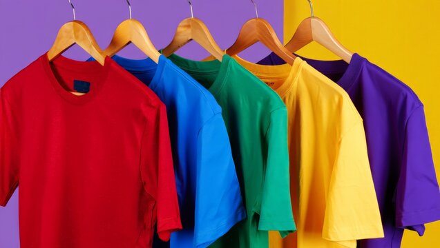 A collection of t-shirts in different colors hanging on wooden hangers, perfect for kids and adults alike, showcasing a variety of vibrant colors and styles.