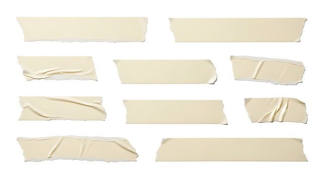 Collection of various torn masking tape strips with wrinkled textures and jagged edges on a black background