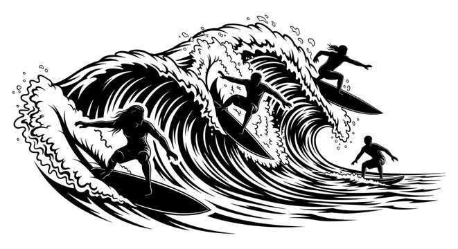 Surfing Silhouettes on Dynamic Waves Vector Illustration