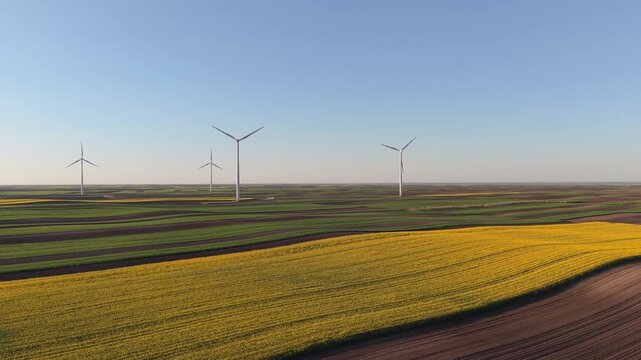 Cinematic aerial drone footage of modern wind turbines integrated into a colorful agricultural landscape during the golden hour, symbolizing renewable energy and environmental sustainability.