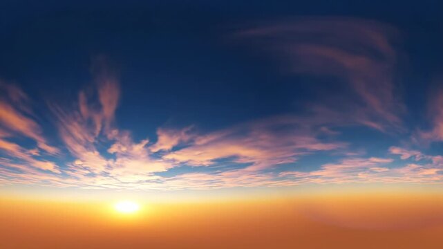 Panoramic 360 degree sunset sky with orange and blue clouds, equirectangular projection for environment mapping, high resolution skybox
