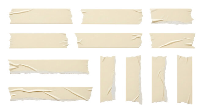 Collection of realistic torn masking tape strips with wrinkled paper textures and adhesive edges on black
