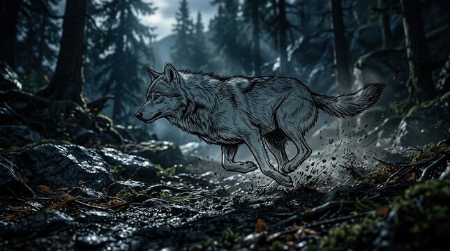 Cinematic perspective of line art illustration of wolf in motion from a low angle with dramatic lighting and shadows.. This