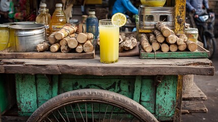 Fototapeta premium fresh sugarcane juice on wooden cart with lime