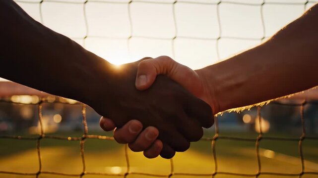 Close-up of diverse team hands stacked in unity over sports net at sunset with blurred players on court. Concept of teamwork and solidarity