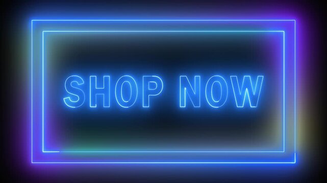"SHOP NOW" neon text animation with a glowing rectangular border on a dark background, online shopping, e-commerce, advertising, or retail promotion