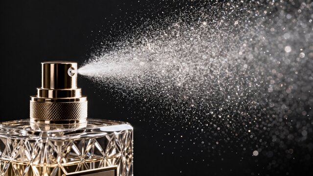 Close-up of perfume spray mist particles on black background, 16:9