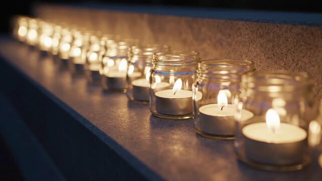 Rows of small glass jar candles lit with soft warm glow, creating a peaceful, contemplative atmosphere for remembrance or celebration