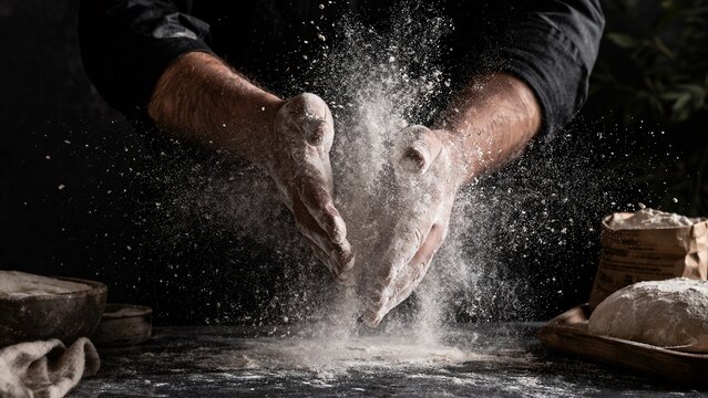 Baker hands clapping with flour dust, artisanal baking process, 16:9.