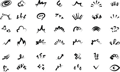 Obraz premium Doodle manga comic expression icon set collection cartoon effects symbols burst spark speech cloud motion lines, fun sketch elements, black style vector illustration isolated transparent background
