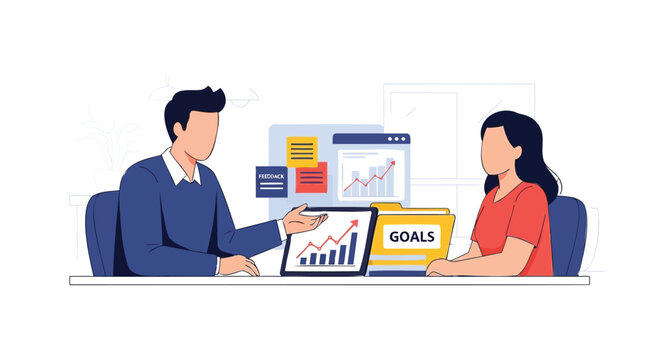 Business meeting illustration with professionals reviewing data analytics and setting clear goals for future success