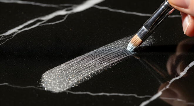 A makeup brush applies shimmering silver eyeshadow to a black marble background. AI generated.