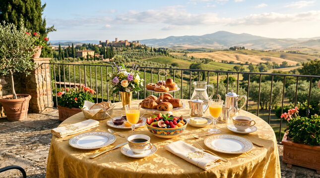 A sunlit breakfast with pastries, fruit, and beverages, set on elegant dinnerware on a gold tablecloth before a scenic countryside view