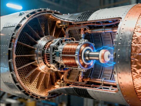 Hybrid Electric Jet Rocket Engine Cutaway with Turbine and Electromagnetic Core