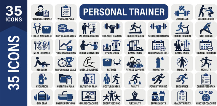 Modern vector icons for personal training, fitness, gym services. Covers workout plans, nutrition, progress, and wellness for health apps and active lifestyles