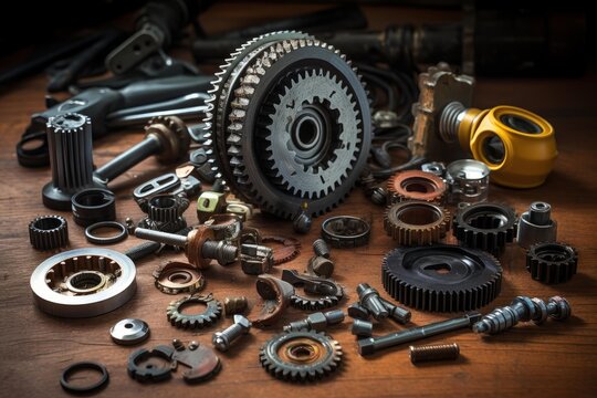 Mechanic parts and metal engineering gears creating a background with tools and hardware