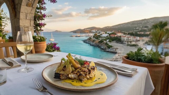 Grilled fish fillet with vegetable garnish and creamy sauce served on elegant plate overlooking Mediterranean bay, showcasing coastal fine dining and gourmet seafood cuisine.