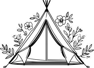 Floral camping tent line art, thick outline with floral accents, minimal clean vector style 1 © mdrubel