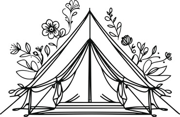 Floral camping tent line art, thick outline with floral accents, minimal clean vector style 3 © mdrubel