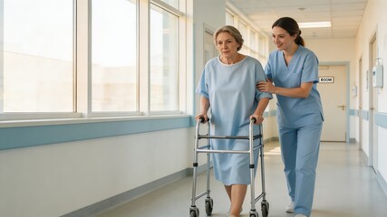Obraz premium A healthcare worker provides support and assistance to a senior woman using a walker in a hospital hallway, showcasing kindness and compassion in a moment of care and concern.