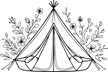  Floral camping tent line art, thick outline with floral accents, minimal clean vector style © mdrubel