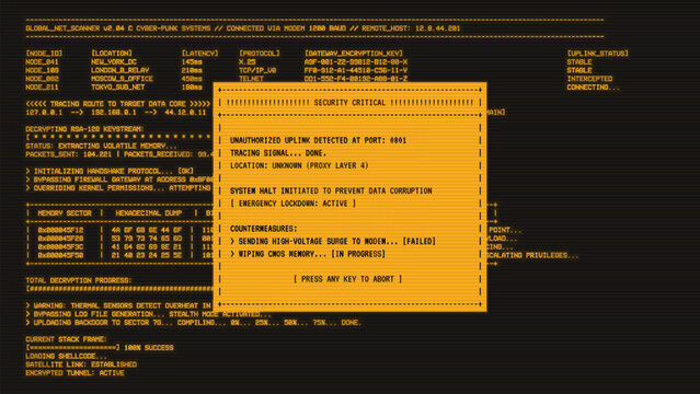 Realistic monochrome amber CRT monitor with horizontal scanlines. Yellow color window with critical security alert. 80-s hacking UI window program on computer with code and ASCII.