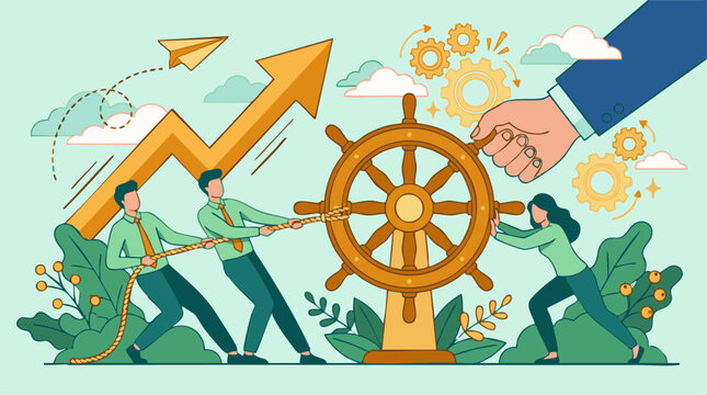 Business team collaborating with leadership to steer growth and achieve success