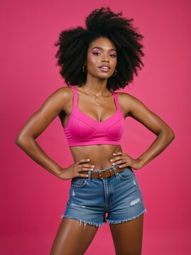 Vertical portrait of a confident young Black woman with an afro hairstyle. Female model in pink sports bra and denim shorts posing on a pink background