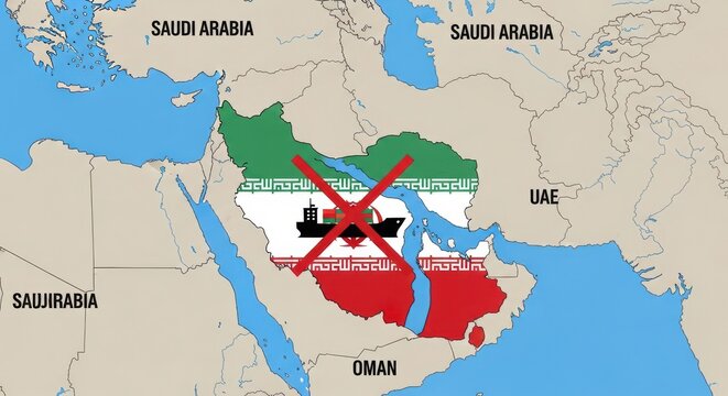 Geopolitical map of Middle East with cargo ship and red cross, maritime trade blockade concept, international shipping sanctions and oil supply crisis