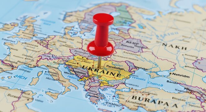 Ukraine map with red push pin, geopolitical location on world atlas, close up of European territory with destination marker
