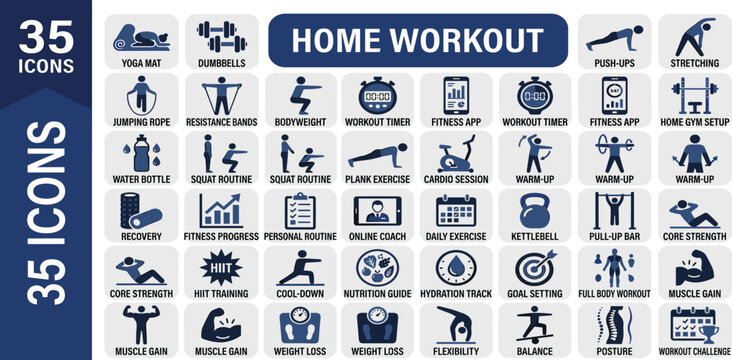 Dynamic collection of 35 versatile vector icons for effective home workout and fitness routines, covering exercises, equipment, and personal health progress tracking