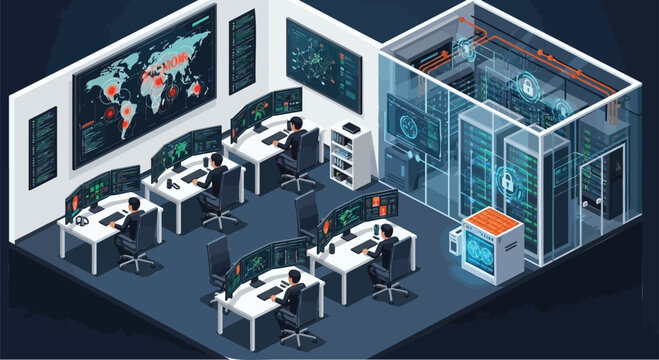 Professional IT team monitoring global network security and data center operations in a secure control room environment, ensuring digital infrastructure protection