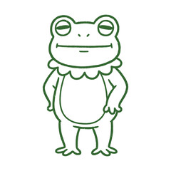 Obraz premium Minimalist vector of a frog posing with hands on hips. Cute determined animal character in green line style isolated on white