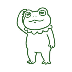 Obraz premium Vector illustration of a thinking frog. Cute amphibian mascot scratching head in a pensive pose, green line art style isolated on white.