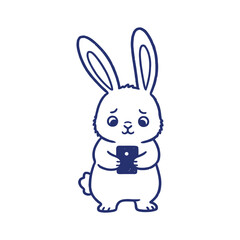 Obraz premium Vector illustration of a bunny using a mobile phone. Minimalist blue line art, cute rabbit mascot with gadget isolated on white.