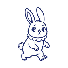 Fototapeta premium Minimalist vector of a scared running bunny. Cute anxious rabbit mascot in a rush, blue line art style isolated on white.