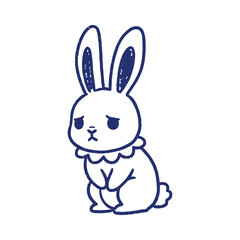 Obraz premium Vector illustration of a sad sitting bunny. Minimalist blue line art, cute pensive rabbit character showing sorrow, isolated on white.