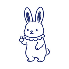 Obraz premium Minimalist vector of a bunny giving a thumb up. Cute animal character showing approval, blue line art style isolated on white.