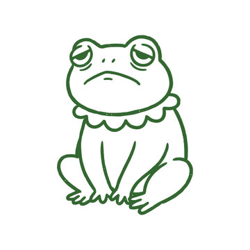 Vector illustration of a sad frog character. Minimalist green line art, cute amphibian mascot with unhappy emotion isolated on white.